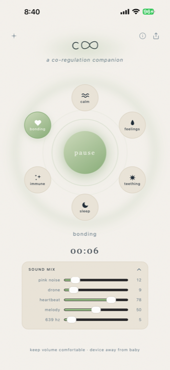 COO sound mix controls, with individual volume sliders for pink noise, drone, heartbeat, melody and the 639 Hz tone