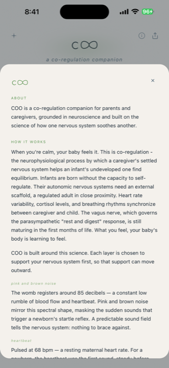 COO in-app about screen, explaining co-regulation, pink and brown noise, the heartbeat and the solfeggio frequencies